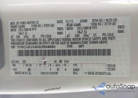 2016 Ford Escape Titanium from USA, damaged, VIN 1FMCU0JX4GUB94690